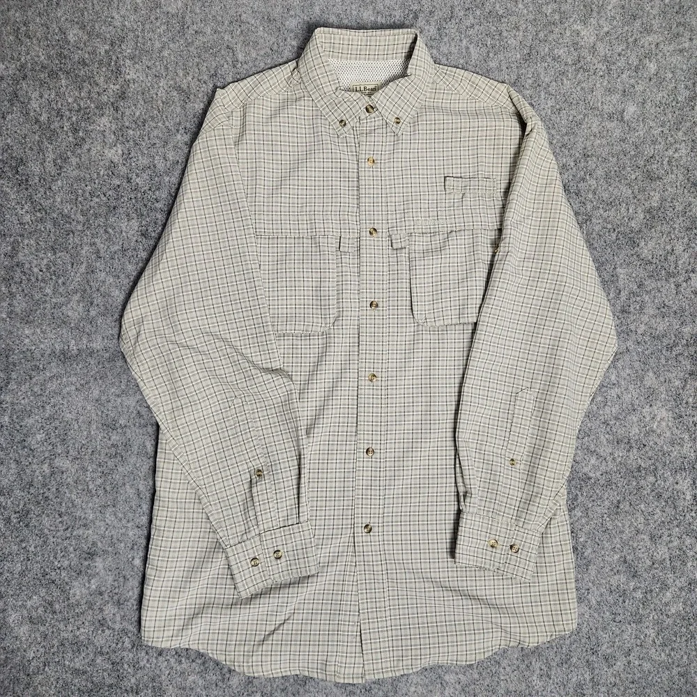 LL Bean Shirt Men M Tall Yellow Gray Plaid Mesh Line Vented Back Roll Tab Hiking